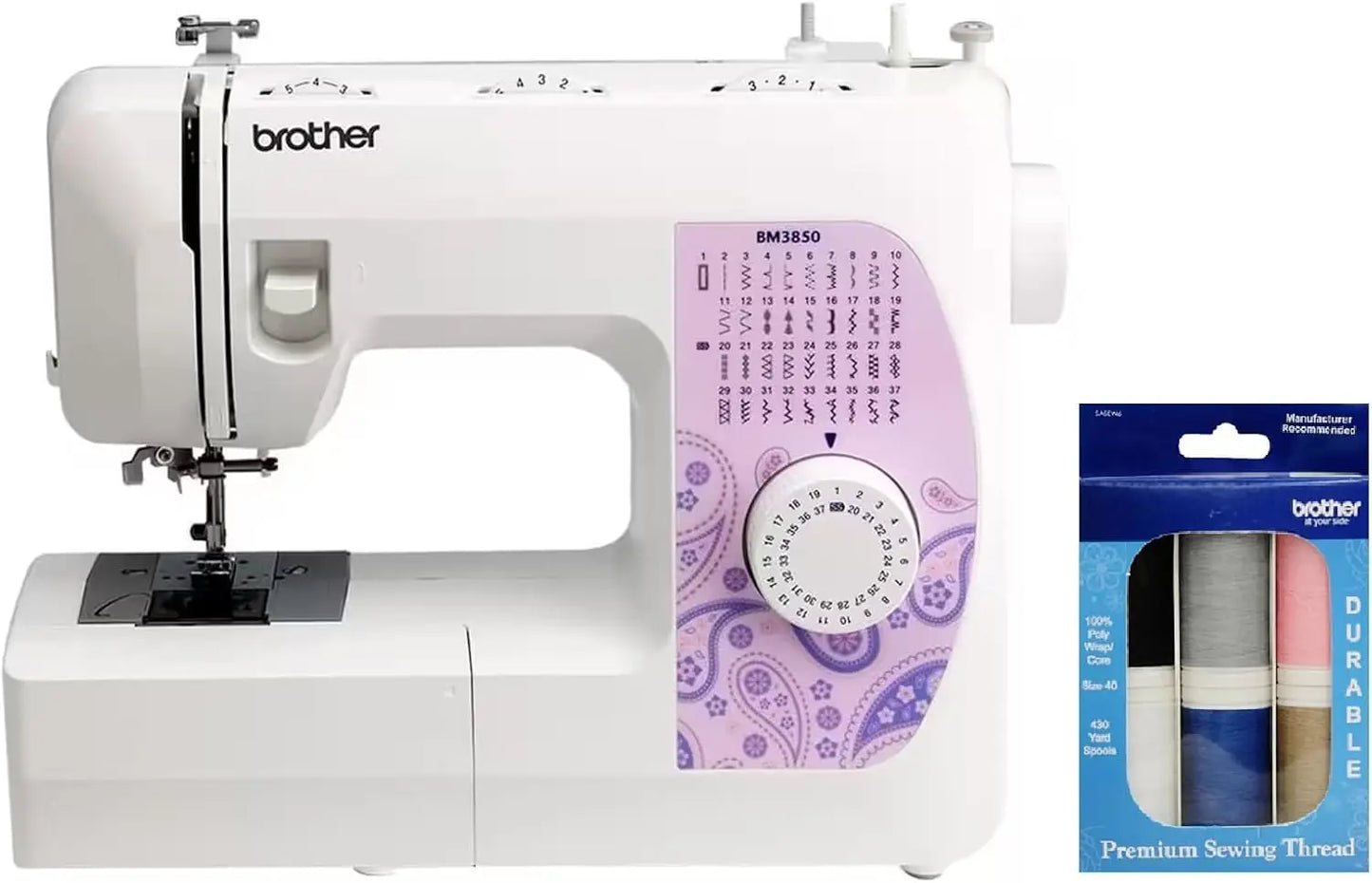 Bm3850 37-Stitch Sewing Machine With Extra Wide Extension Table And 6-Piece Premium Sewing Thread Pack