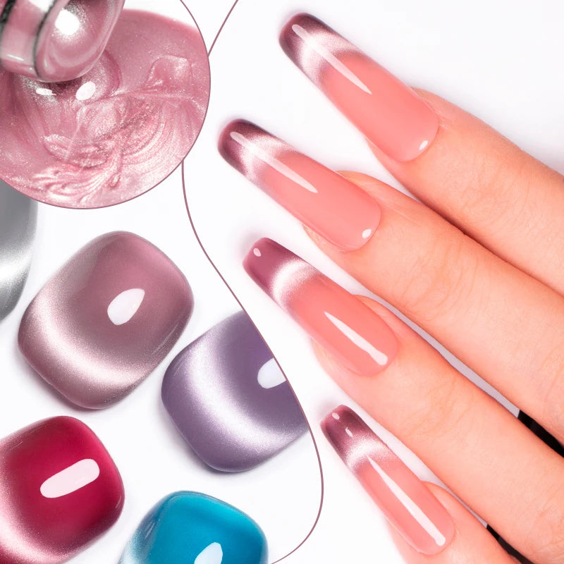 AWStorG 6Pcs/Set 7.5ML Smooth Ceramics Cat Eye Gel Sparkling Glitter Moonlight Cat Effect Semi Permanent Magnetic Gel Nail Art
