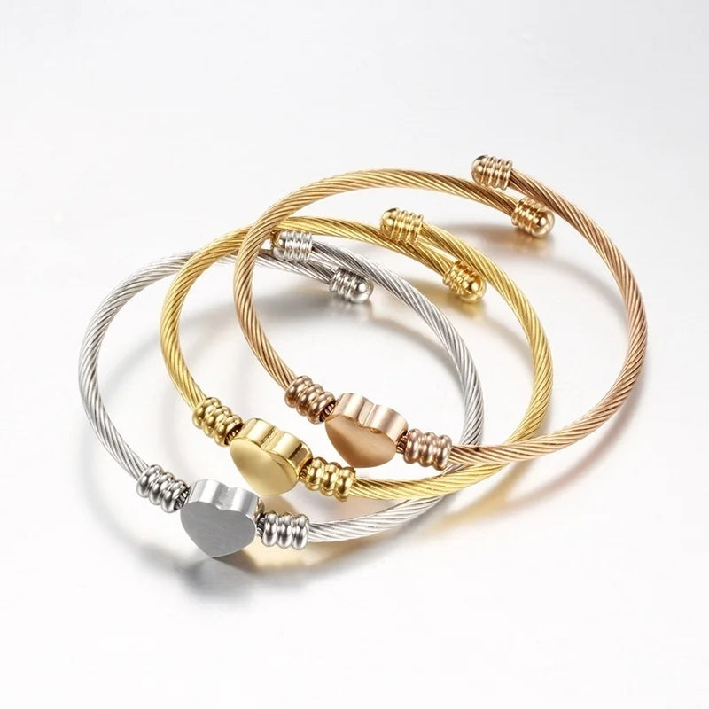 New Trendy Metal Braided Cable Shape Bracelet Women's Bracelet Heart-Shaped Open Bracelet Accessories Party Jewelry