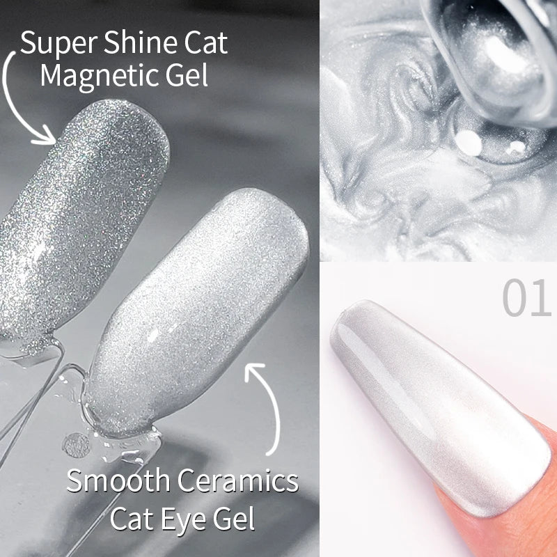 AWStorG 6Pcs/Set 7.5ML Smooth Ceramics Cat Eye Gel Sparkling Glitter Moonlight Cat Effect Semi Permanent Magnetic Gel Nail Art