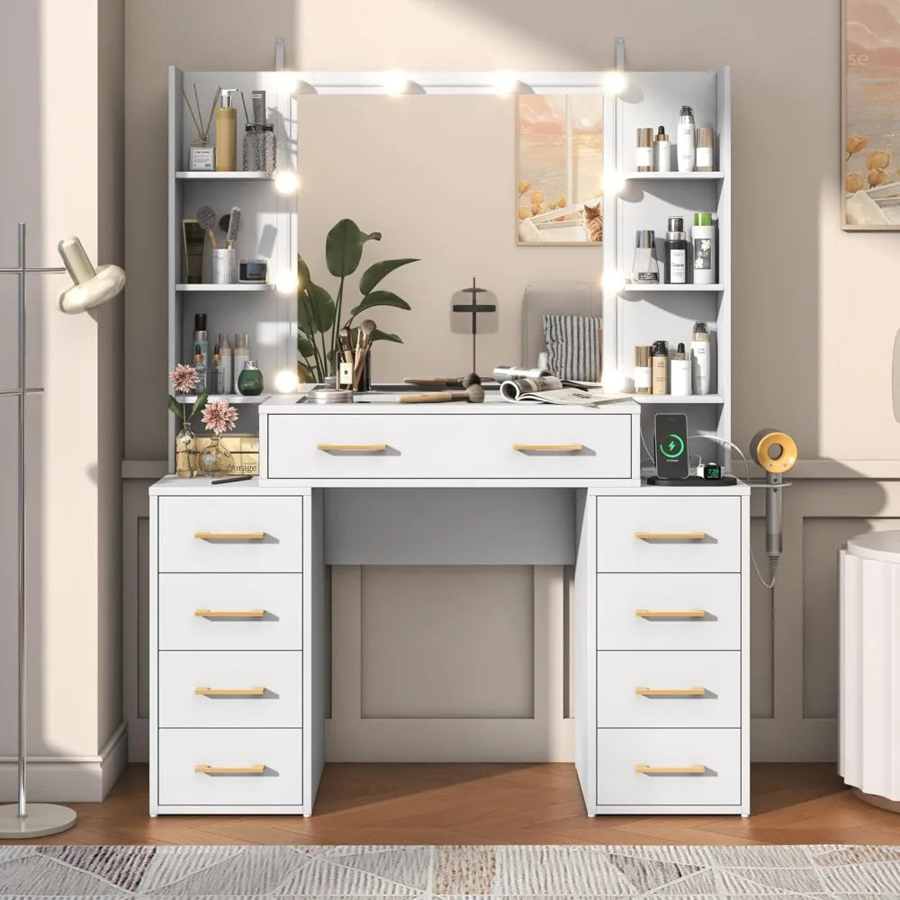 Glass Top Vanity Desk with Mirror and Lights, Large Vanity Makeup Mirror Desk with Charging Station Compartment Storage Drawers