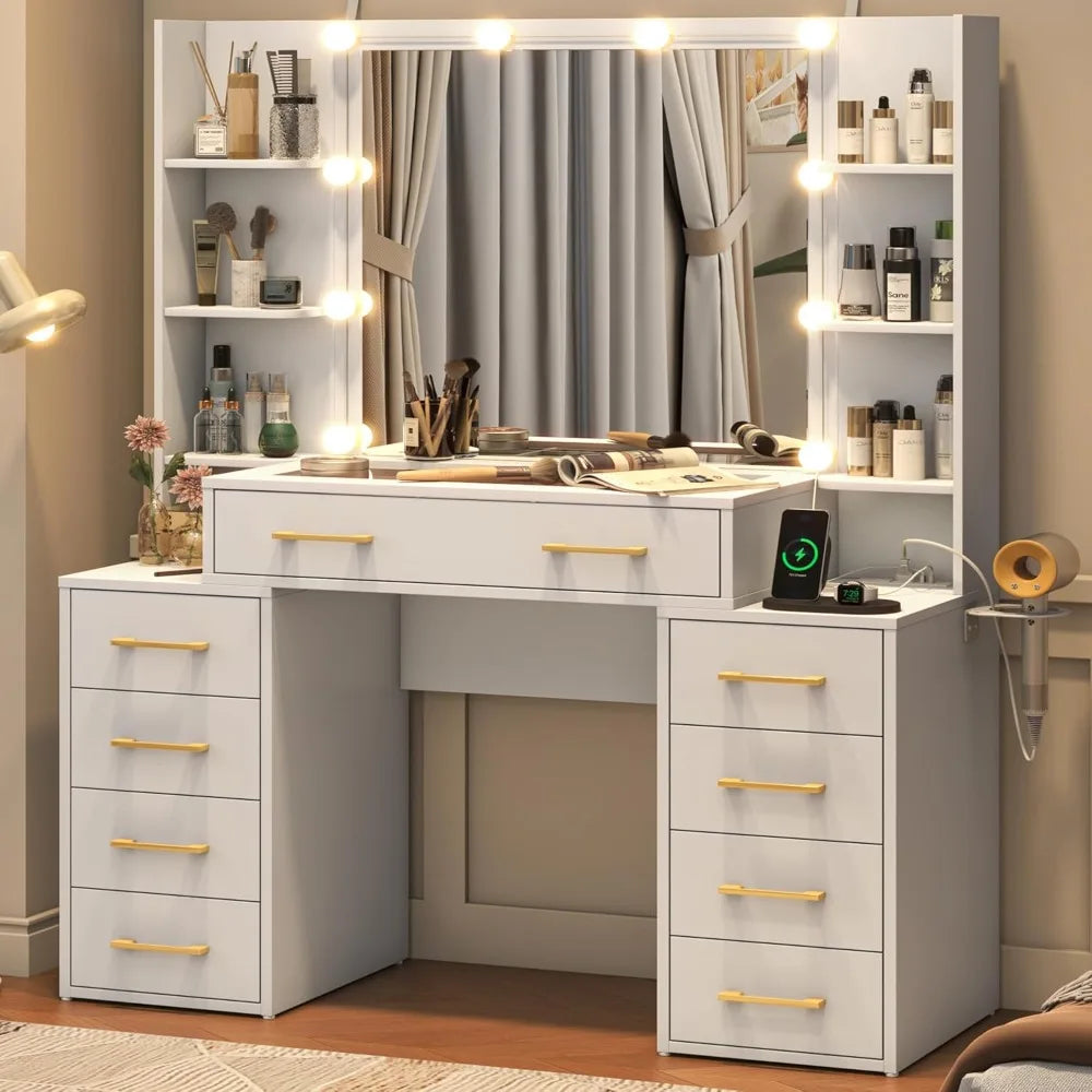 Glass Top Vanity Desk with Mirror and Lights, Large Vanity Makeup Mirror Desk with Charging Station Compartment Storage Drawers