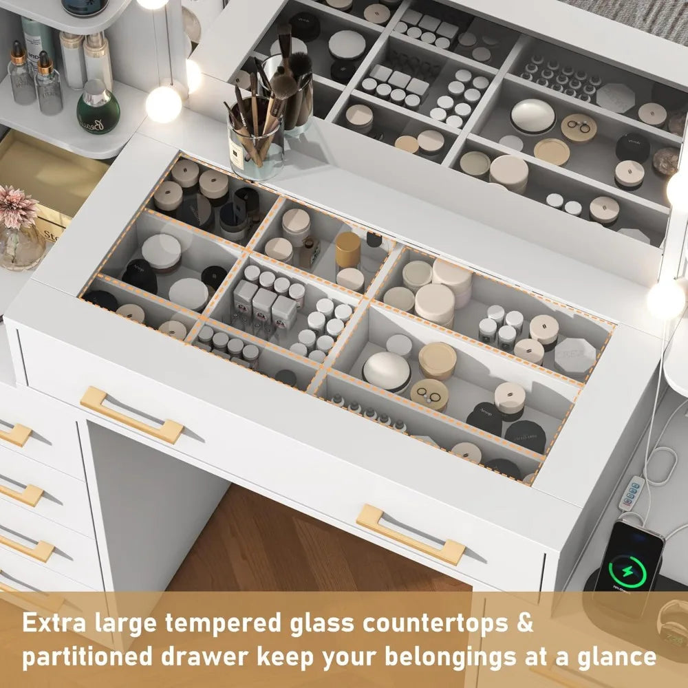 Glass Top Vanity Desk with Mirror and Lights, Large Vanity Makeup Mirror Desk with Charging Station Compartment Storage Drawers