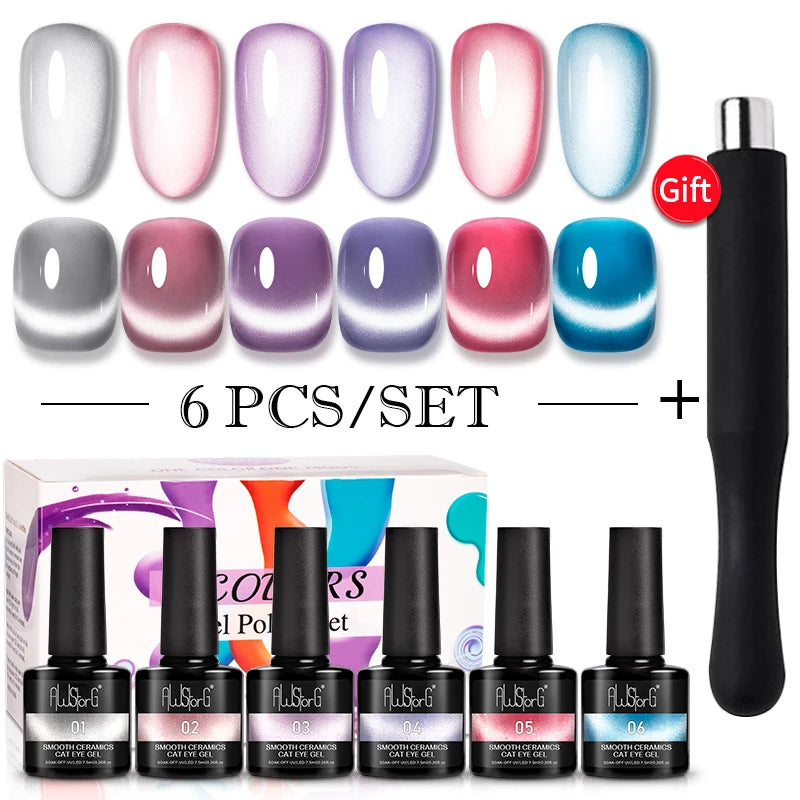 AWStorG 6Pcs/Set 7.5ML Smooth Ceramics Cat Eye Gel Sparkling Glitter Moonlight Cat Effect Semi Permanent Magnetic Gel Nail Art