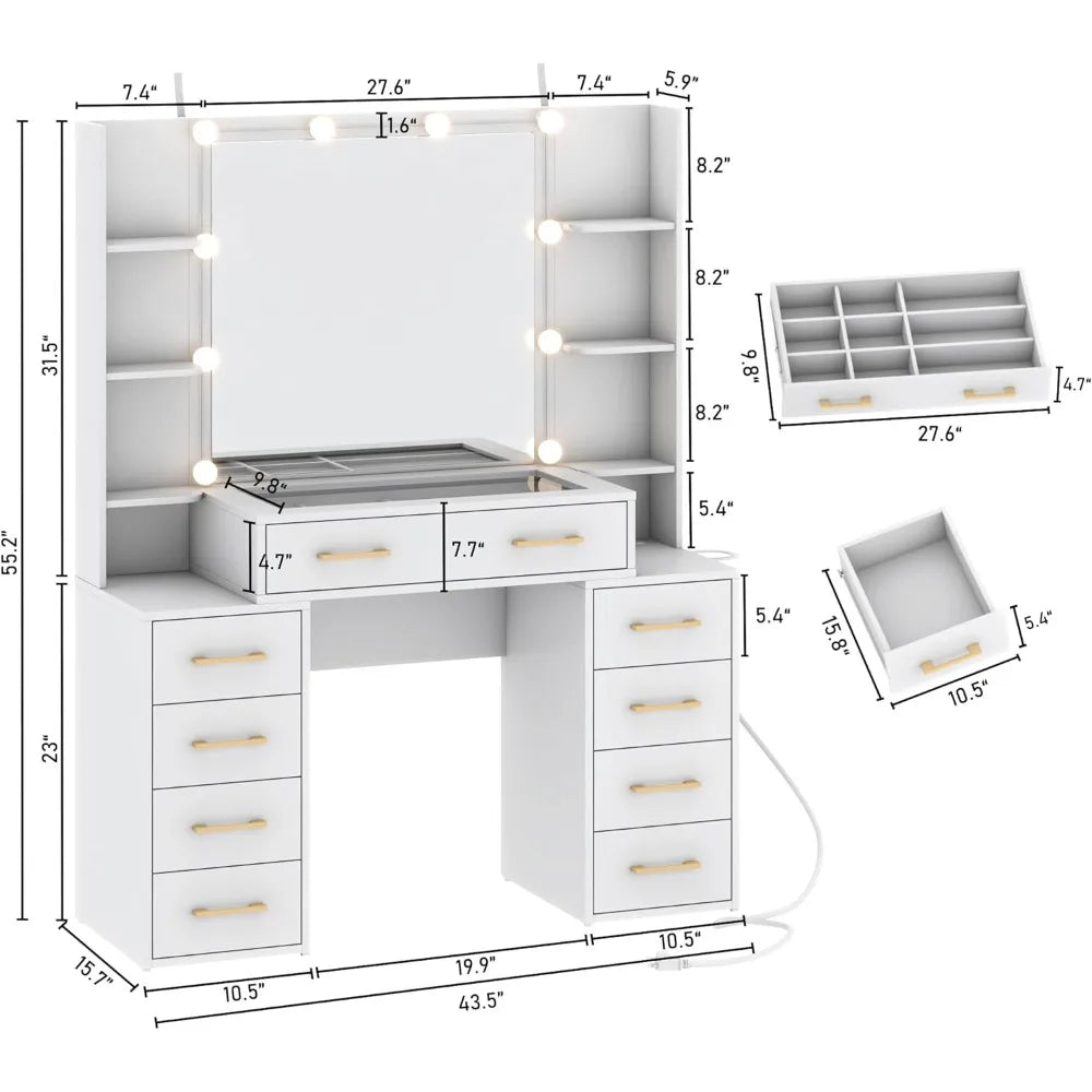 Glass Top Vanity Desk with Mirror and Lights, Large Vanity Makeup Mirror Desk with Charging Station Compartment Storage Drawers