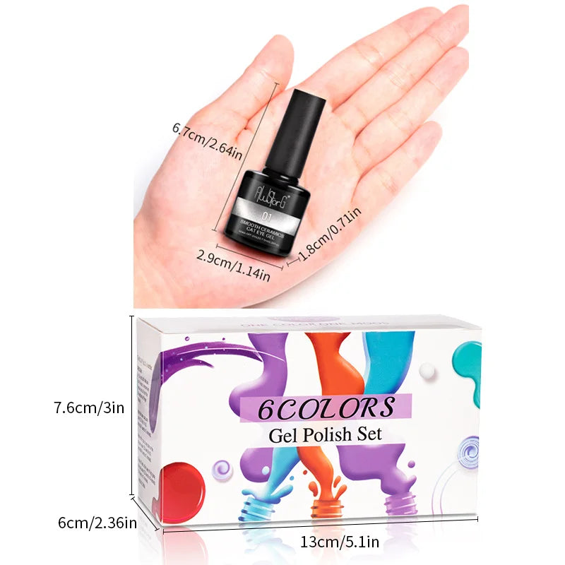 AWStorG 6Pcs/Set 7.5ML Smooth Ceramics Cat Eye Gel Sparkling Glitter Moonlight Cat Effect Semi Permanent Magnetic Gel Nail Art