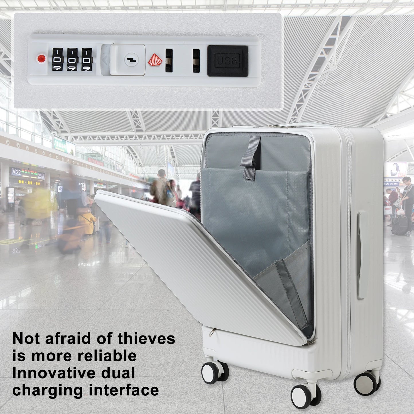 24 Inch Suitcase, Front Open Carry on Luggage, Built-in lock Carry on Suitcase, with Cup Holder & USB Type-C Charging Port