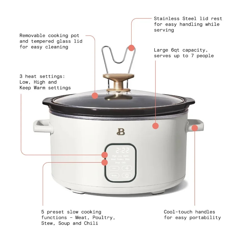2023 New Beautiful 6 Quart Programmable Slow Cooker, White Icing